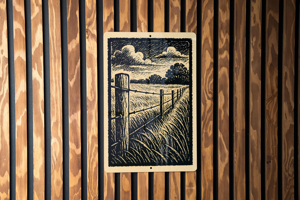 a wooden fence with a black and white illustration of a field and sky on it, mounted on a wooden wall.