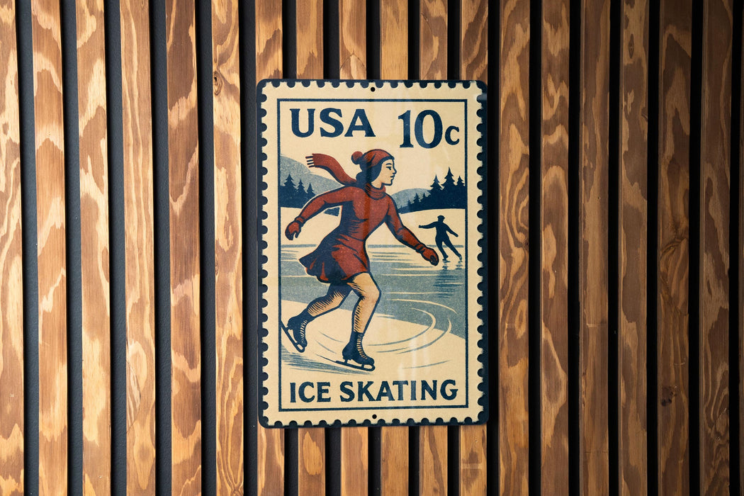 A vintage USA 10c postage stamp featuring an illustration of a woman ice skating, with a wooden background.