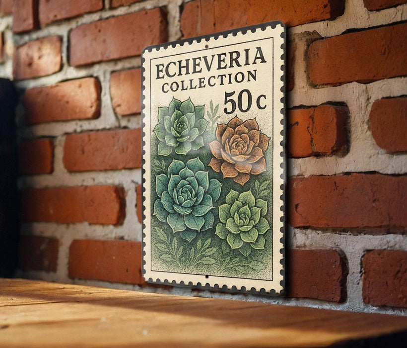 A vintage-style postage stamp featuring a collection of succulent plants, including a green and brown rose, against a brick wall background.