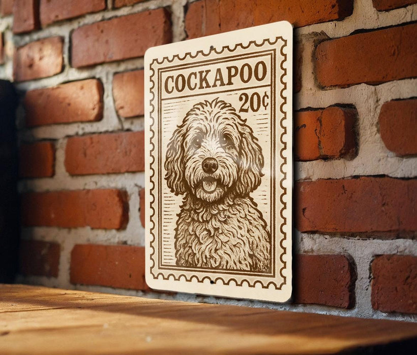 A wooden surface with a wooden table in the foreground, and a wooden wall with a brick pattern behind it. There is a wooden sign with a dog illustration on it, mounted on the brick wall.