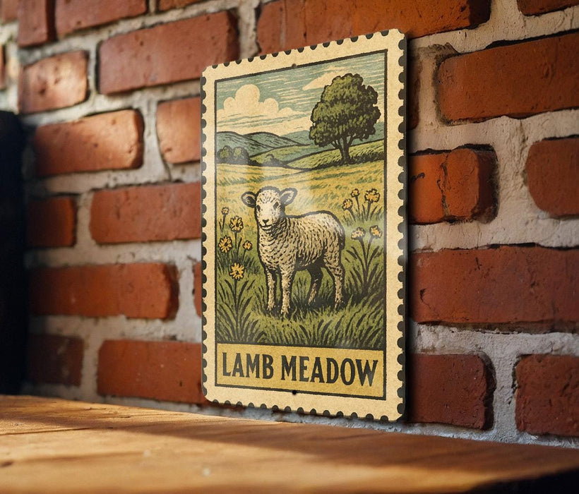 A framed illustration of a lamb standing in a grassy field, with a tree in the background, is mounted on a brick wall.