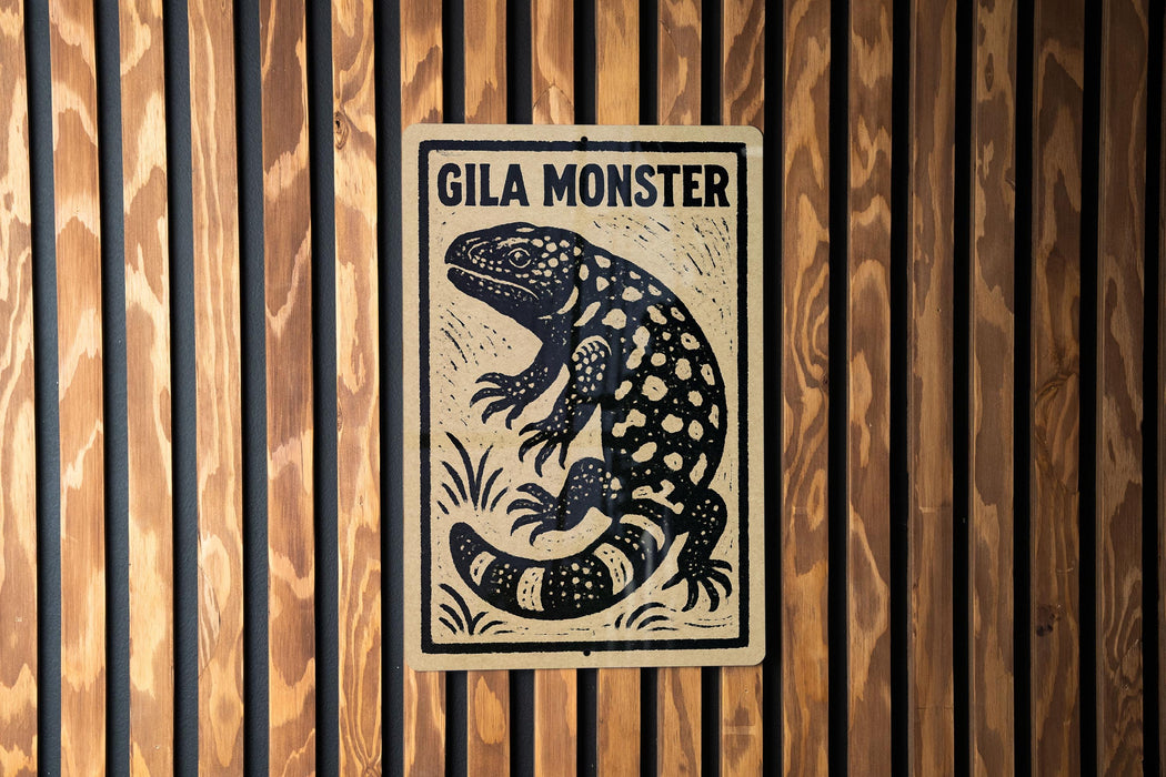a sign with a black and white illustration of a spotted animal, which appears to be a type of lizard or salamander.