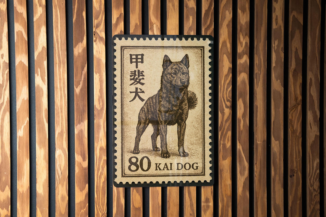 A postage stamp featuring a dog, specifically a kai dog, which is a breed of dog native to Japan.