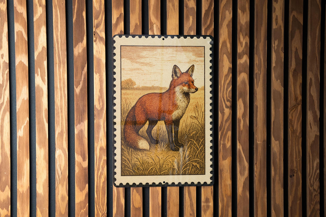 a framed illustration of a fox standing in a grassy field.