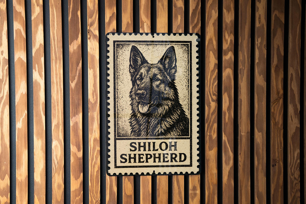 A metal sign featuring a black and white illustration of a German Shepherd dog with the text "SHILOH SHEPHERD" below it.