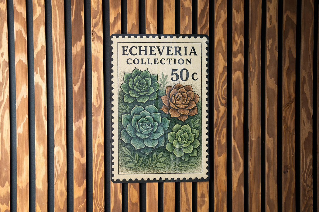 a postage stamp with a floral design, placed on a wooden wall.