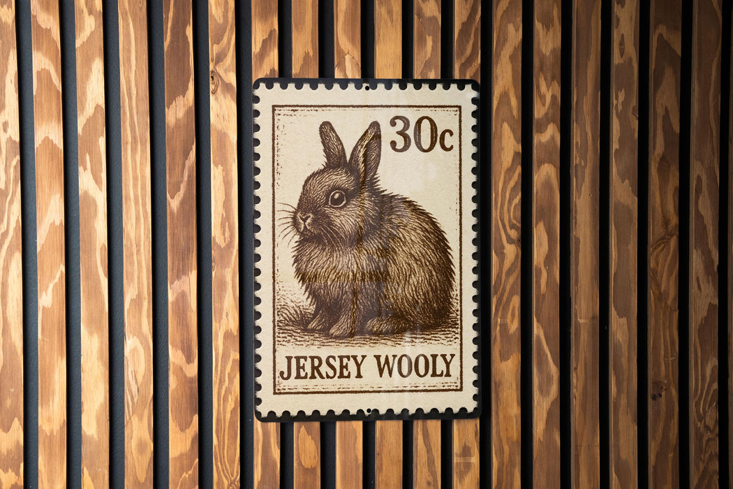 A 30c Jersey Wooly postage stamp is displayed on a wooden background.