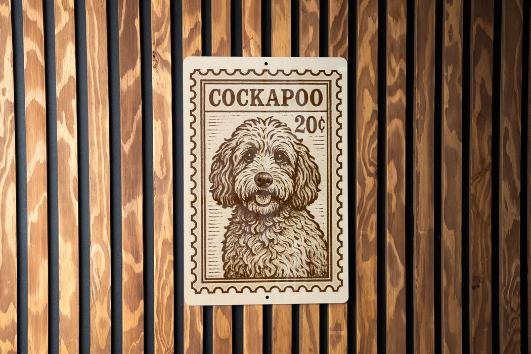 A metal sign with a stamp-like design featuring a dog's portrait, mounted on a wooden wall.