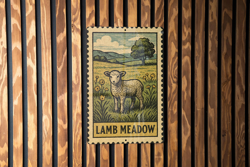 A vintage-style stamp depicting a lamb standing in a grassy field, with the text "LAMB MEADOW" below the image.