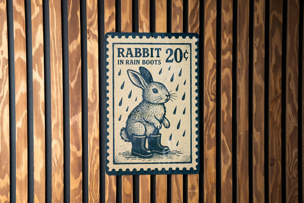 A blue and white postage stamp featuring a rabbit wearing rain boots, with the text "RABBIT 20¢ IN RAIN BOOTS" printed on it.