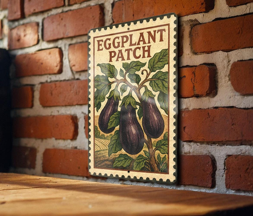 A vintage-style sign with the text "EGGPLANT PATCH" is displayed on a brick wall, featuring an illustration of eggplants.