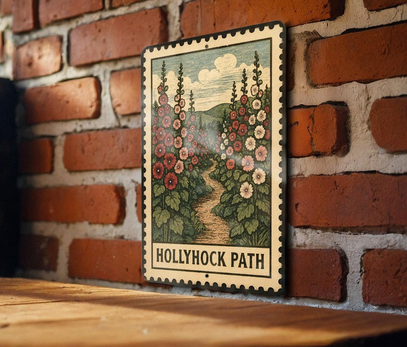 A vintage-style metal sign with a floral illustration is mounted on a brick wall, displaying the text "Hollyhock Path".