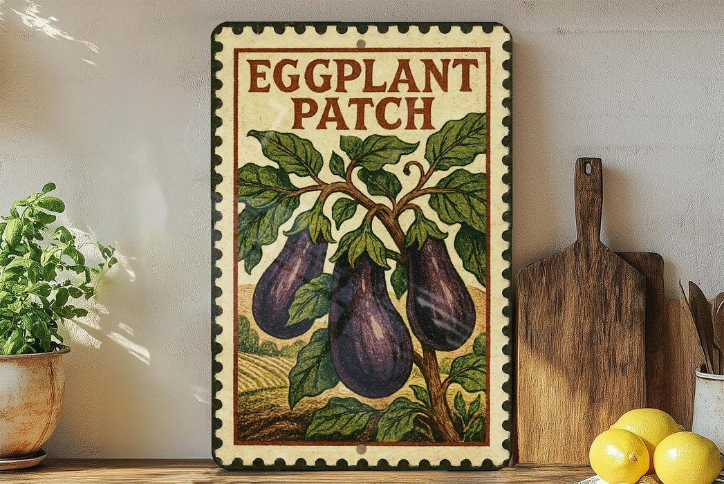 a vintage-style sign with a plant illustration, placed on a wooden surface next to a wooden cutting board and a potted plant.