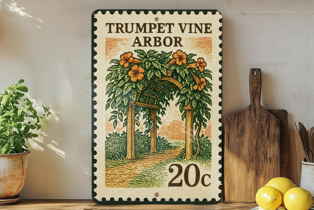A vintage-style stamp depicting a garden scene with a wooden trellis and orange flowers, placed on a wooden shelf next to a wooden cutting board and a potted plant.