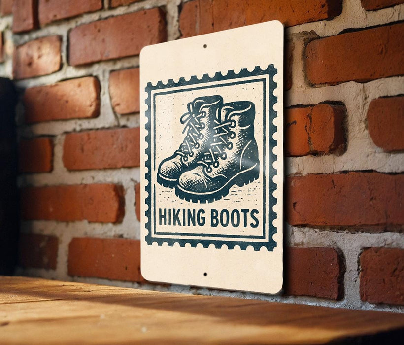 A sign with a graphic of hiking boots mounted on a brick wall.