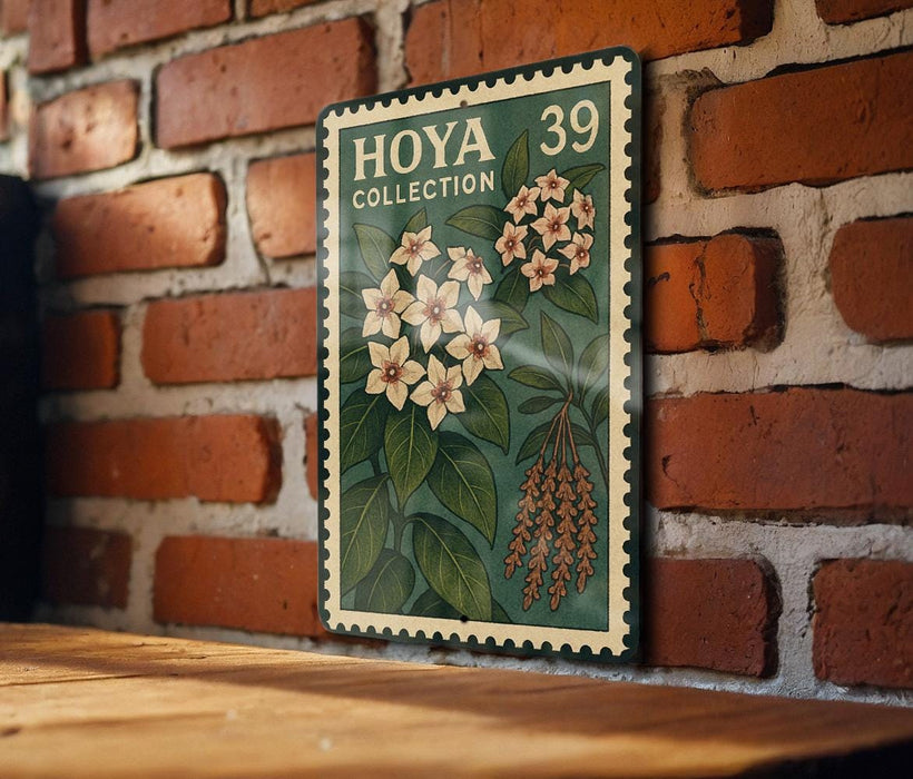 A vintage-style stamp with a floral design is displayed on a brick wall, featuring a collection of flowers and leaves.