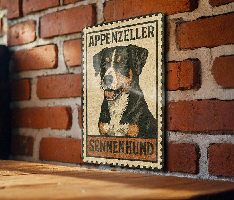 A vintage-style metal sign featuring an illustration of an Appenzeller dog, mounted on a brick wall.