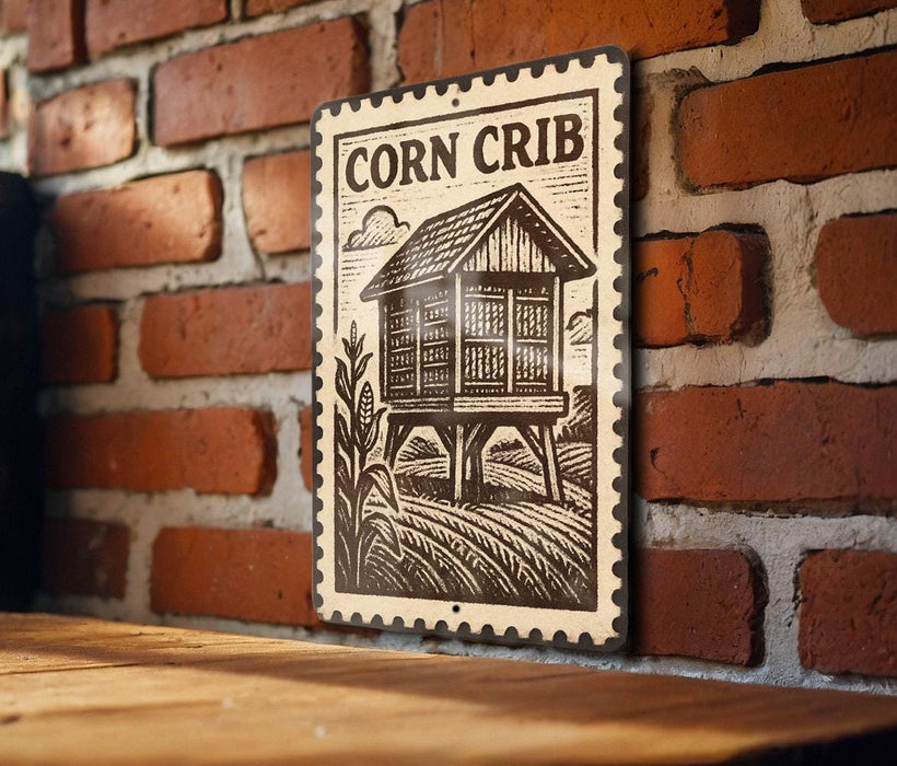 a wooden sign with a black and white illustration of a wooden house on a brick wall.