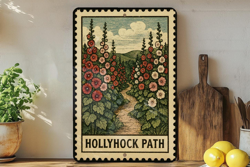 A framed illustration of a garden path with colorful flowers is displayed on a shelf, accompanied by a wooden cutting board and a potted plant.