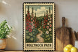 A framed illustration of a garden path with colorful flowers is displayed on a shelf, accompanied by a wooden cutting board and a potted plant.
