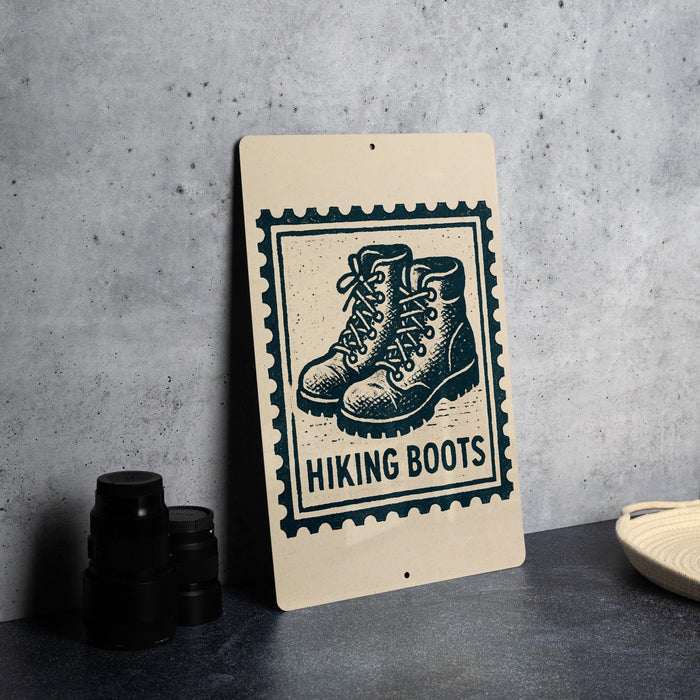 A sign with a graphic of hiking boots and the text "HIKING BOOTS" is displayed on a table.