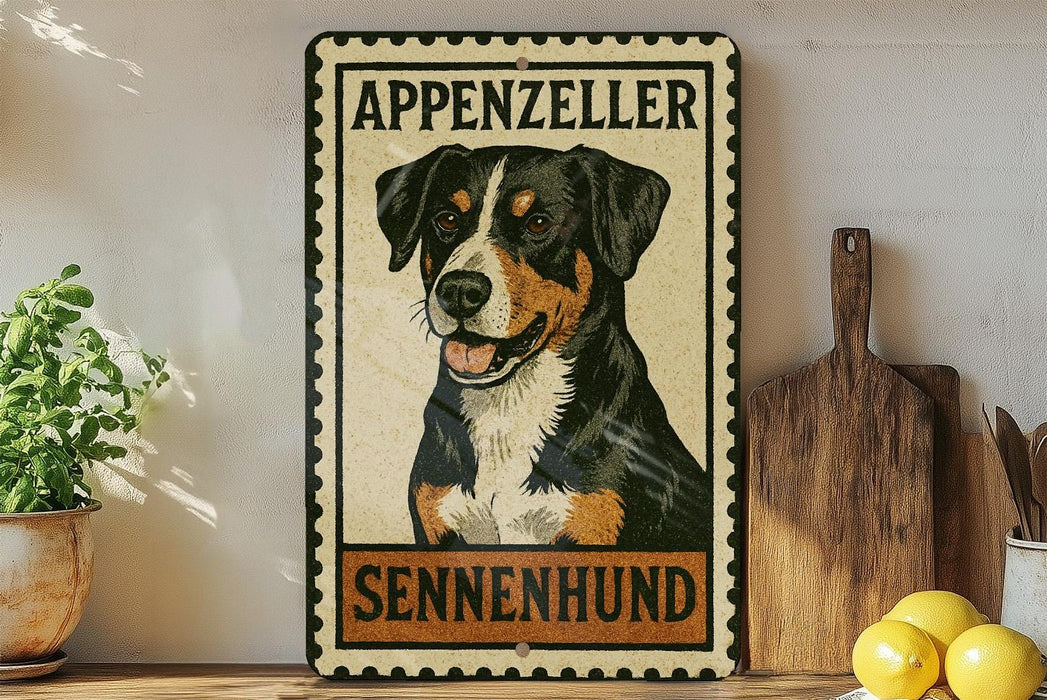 A metal sign featuring a picture of an Appenzeller dog, with the text "Appenzeller" and "Sennenzund" printed on it. The sign is displayed on a shelf next to a wooden cutting board and some potted plants.
