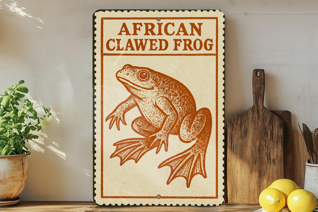 a sign with an illustration of an African clawed frog, placed on a wooden surface next to a wooden cutting board and some lemons.