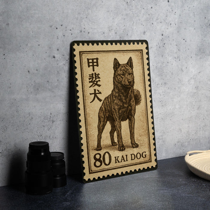A stamp featuring a dog, specifically a kai dog, which is a breed of dog native to Japan. The stamp has a black and brown color scheme and is placed on a gray surface.