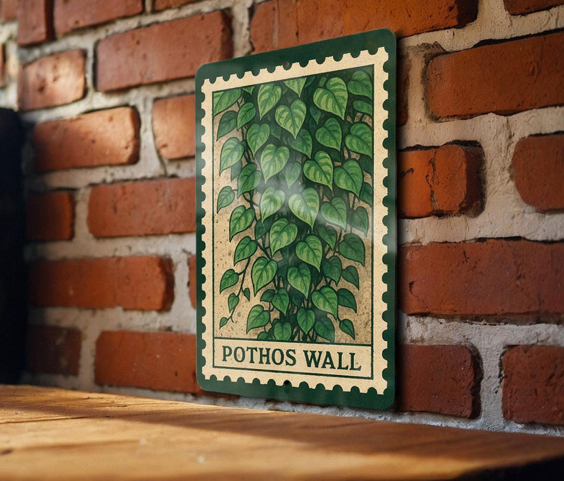 A green metal sign with a stamp-like border hangs on a brick wall, featuring a detailed illustration of a pothos plant.