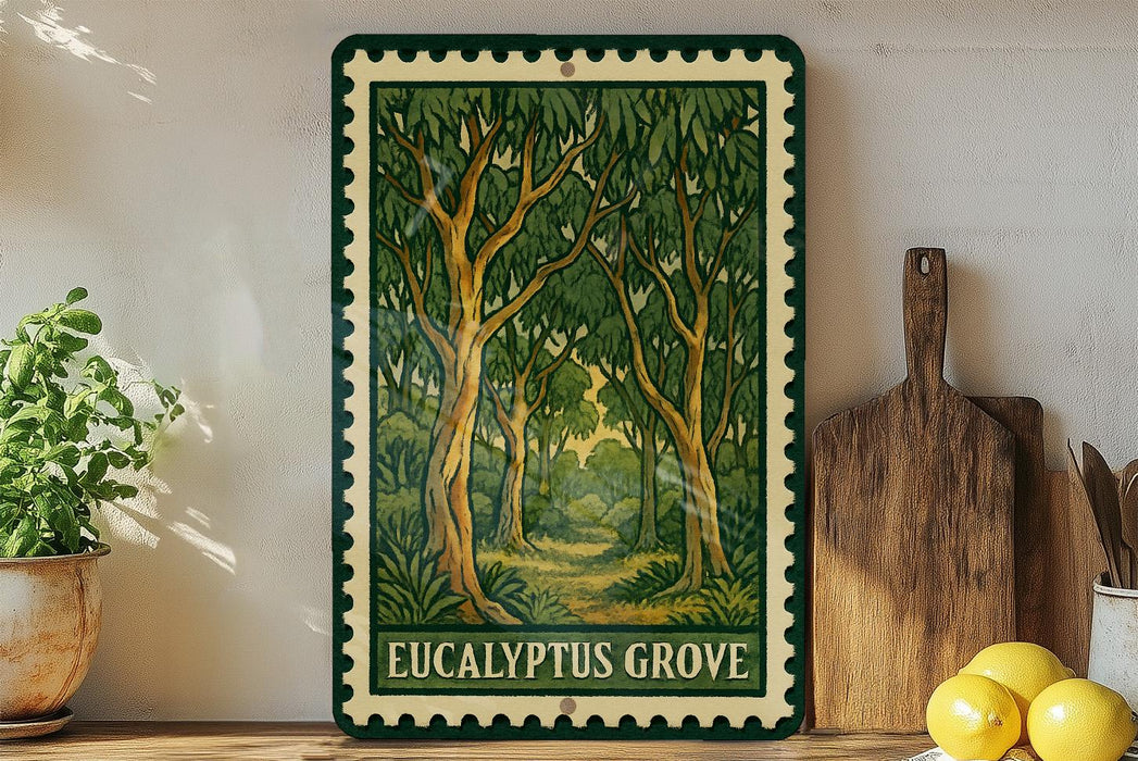 a framed illustration of a lush, green forest with a path leading through it, placed on a shelf next to a wooden cutting board and a potted plant.