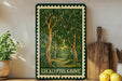 a framed illustration of a lush, green forest with a path leading through it, placed on a shelf next to a wooden cutting board and a potted plant.