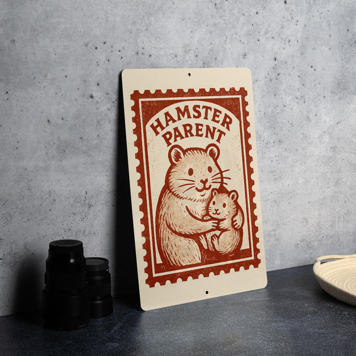 A metal sign with a hamster illustration and the text "HAMSTER PARENT" is displayed on a table.