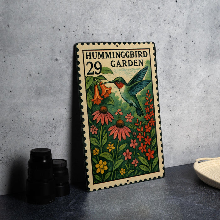 A metal sign with a colorful illustration of a hummingbird and flowers, placed on a table next to some black camera lenses.