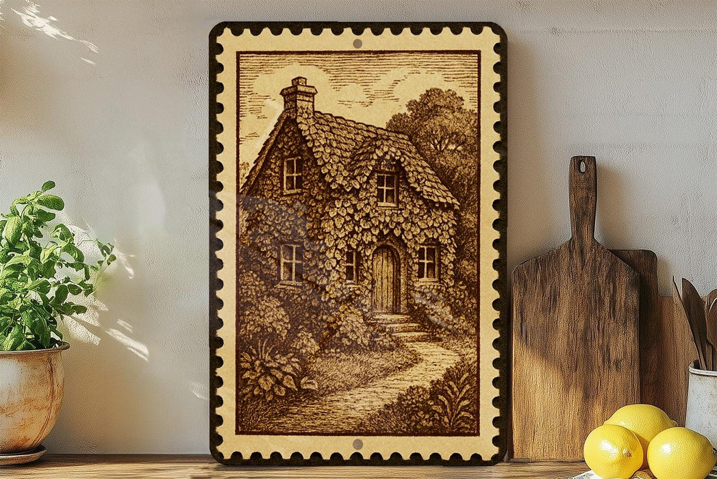 a framed illustration of a quaint cottage with a porch, surrounded by a lush garden, placed on a shelf next to a wooden cutting board and a potted plant.