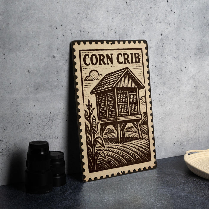 a wooden sign with a house illustration, placed on a table next to some black camera lenses.