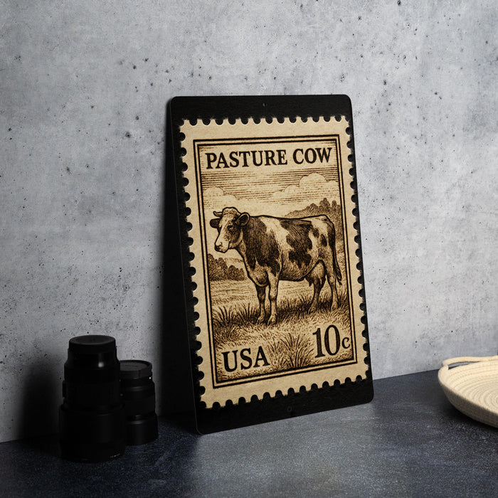 A framed stamp depicting a cow, with the text "PASTEURE COW" and "USA 10c" printed on it, is displayed on a table next to some black camera lenses.