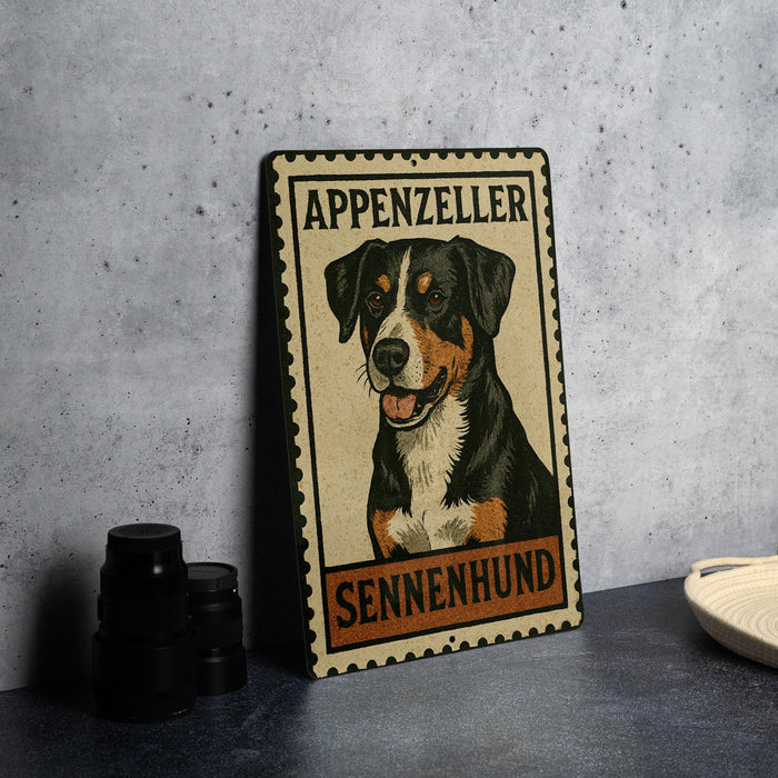 A metal sign featuring an illustration of an Appenzeller Sennenzund dog, with the text "Appenzeller Sennenzund" prominently displayed.
