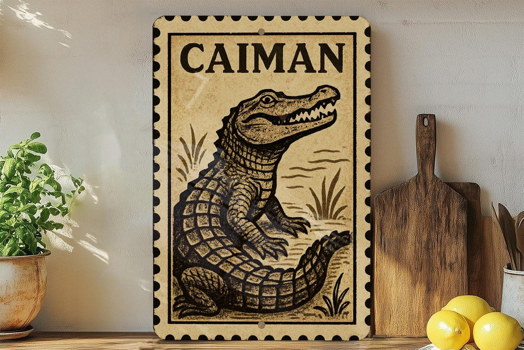 a framed illustration of a crocodile, with a wooden cutting board and a potted plant in the background.