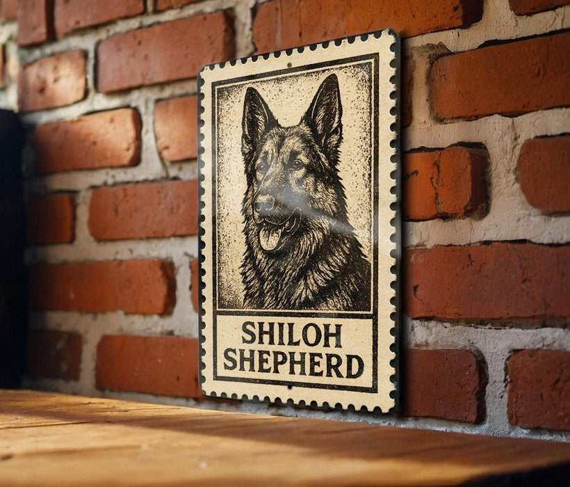 A wooden table with a brick wall in the background, and a framed image of a German Shepherd dog on the wall.