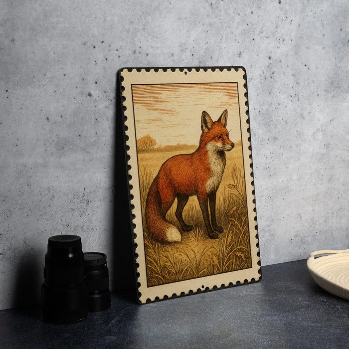 a framed illustration of a fox standing in a grassy field.