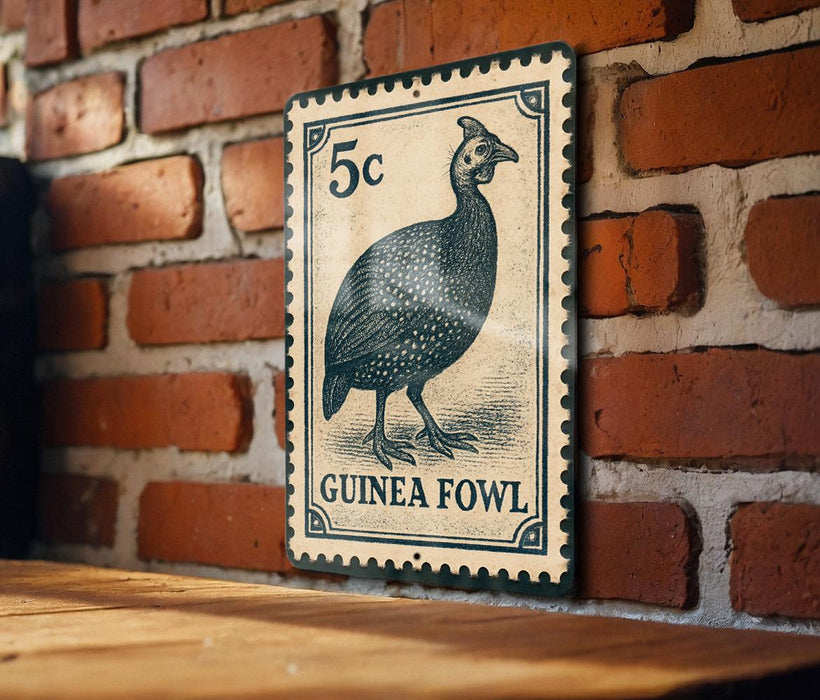 A metal sign featuring a postage stamp design with a guinea fowl illustration, mounted on a brick wall.