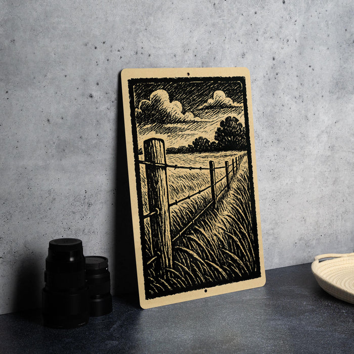 Rustic Fence Line View Metal Sign – Farmhouse Stamp Style Wall Art, Vintage Country Decor for Home, Barn, or Cabin