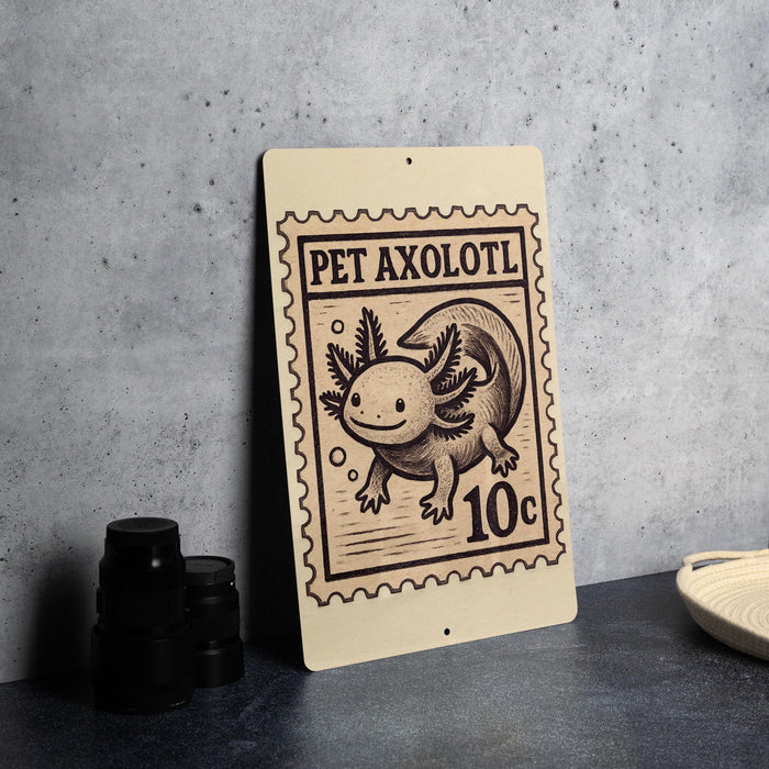 A wooden sign featuring a cartoon illustration of an axolotl, a type of salamander, with a 10 cent stamp.