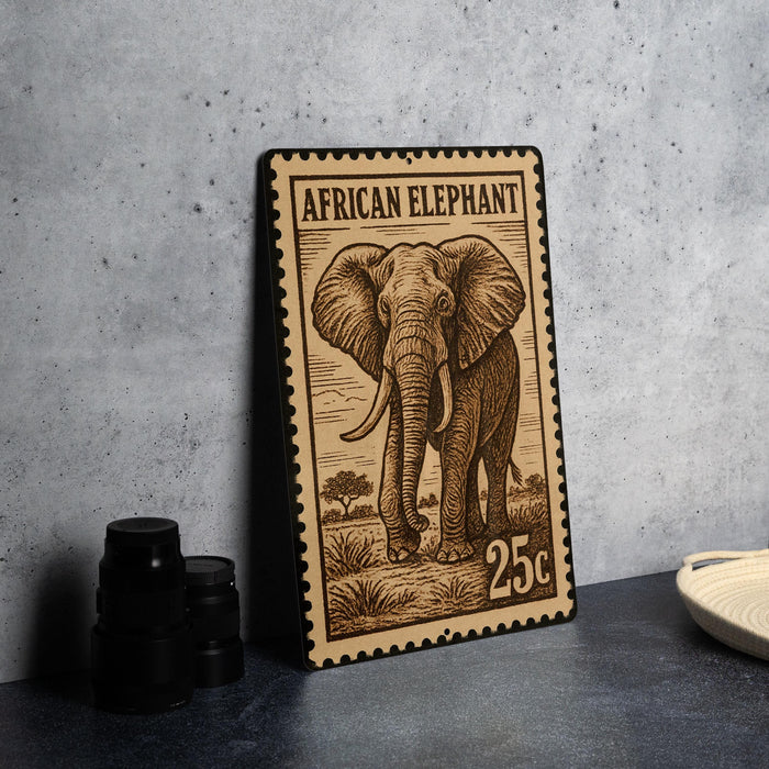 A wooden elephant stamp with the text "African Elephant" and the value "25¢" is displayed on a table.
