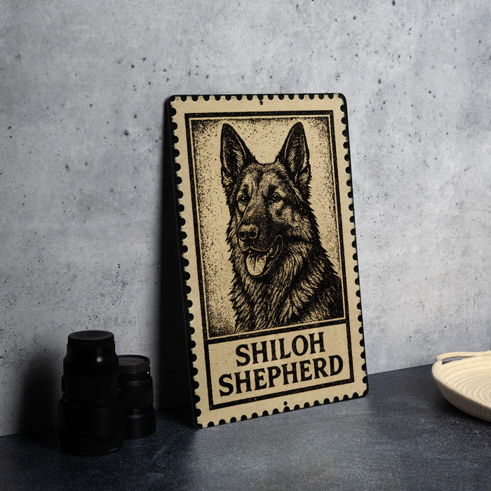 A metal sign featuring a black and white illustration of a German Shepherd dog, with the text "SHILOH SHEPHERD" below the image.