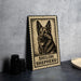 A metal sign featuring a black and white illustration of a German Shepherd dog, with the text "SHILOH SHEPHERD" below the image.