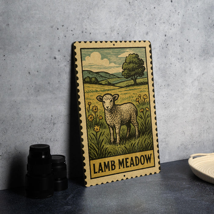 A metal sign with a pastoral scene depicting a lamb in a grassy field, with a tree and flowers in the background.