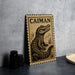 a metal sign with a crocodile illustration, placed on a countertop next to some black camera lenses.