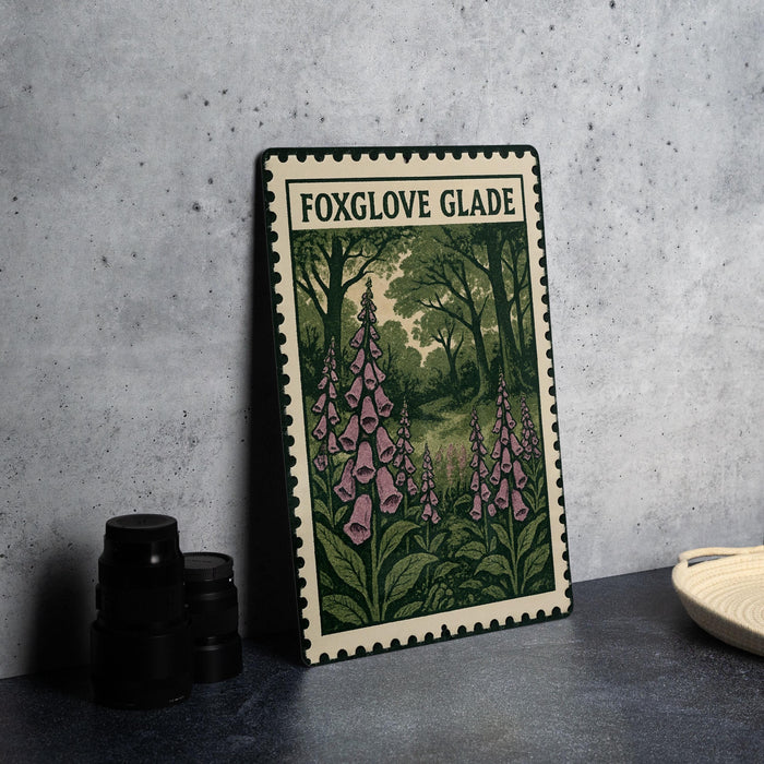 a framed illustration of a forest scene with pink flowers, placed on a table next to some black camera lenses.