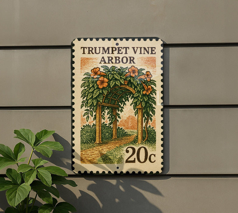 A postage stamp with an illustration of a garden path and a trellis, mounted on a wall next to a plant.